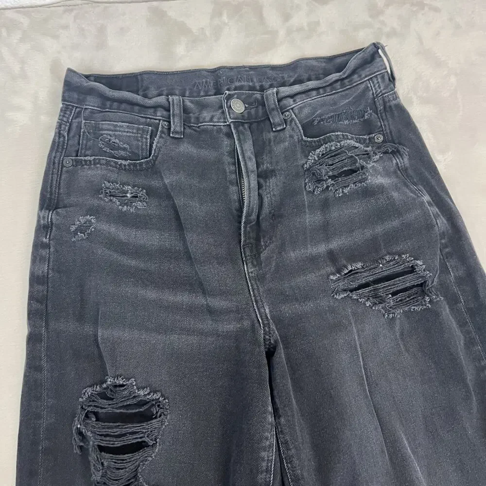American Eagle Jeans Womens 6 Black Relaxed Mom‎ Distressed Baggy Grunge Skater